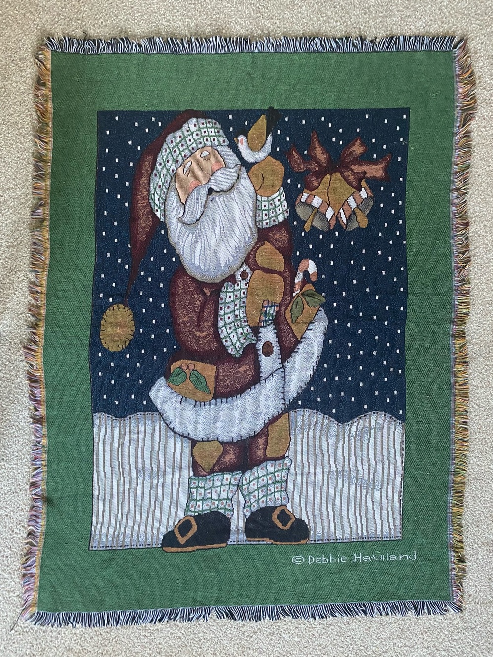 Vintage Debbie Haviland Santa Claus Christmas Tapestry Throw Blanket Decor 61x45
